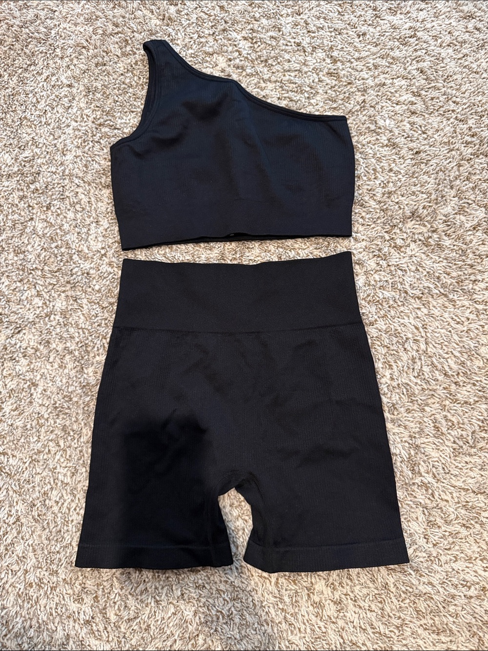 One-Shoulder Ripped Black Crop Top and High-Waist Ripped Biker Shorts Set